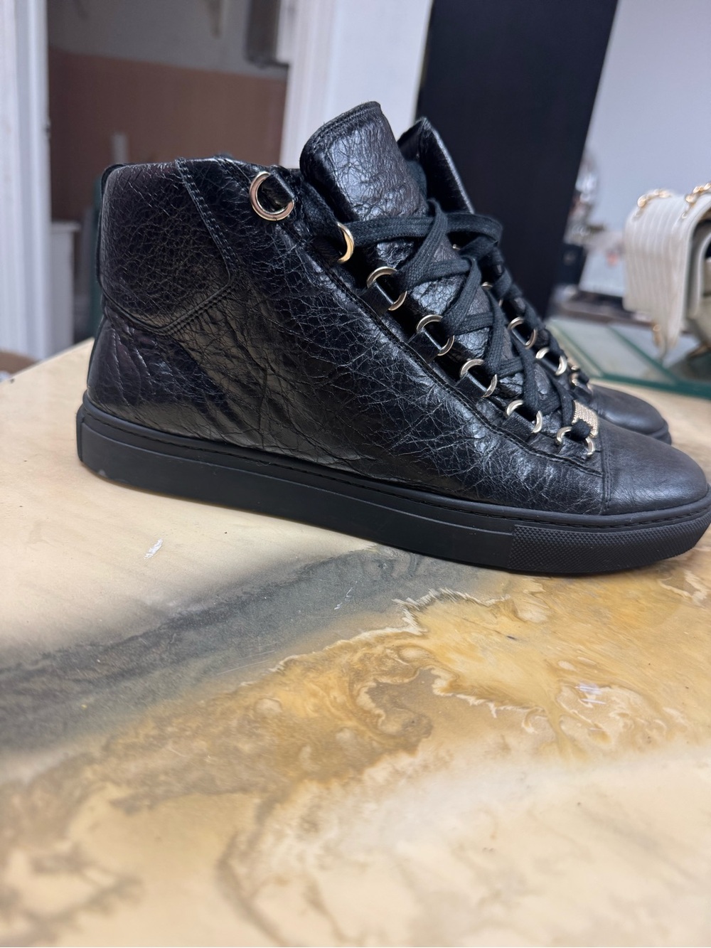 Balenciaga Black Leather High-Top Boots with Metal Eyelet Accents - Picture 6 of 6